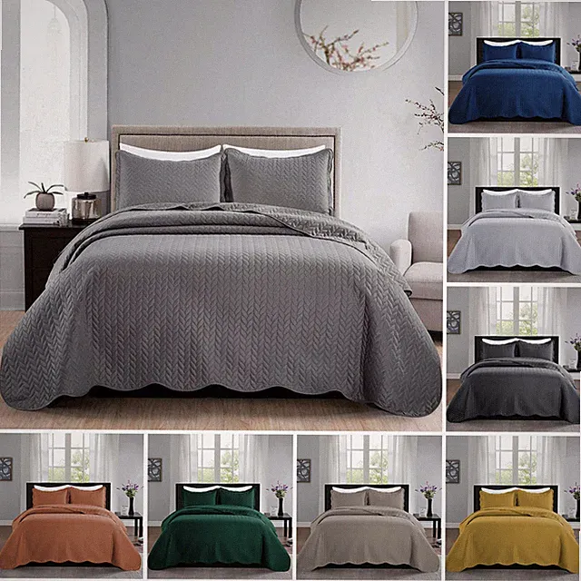 3 Piece Embossed Quilted Bedspread Reversible Queen King Size Coverlet Bed Throw