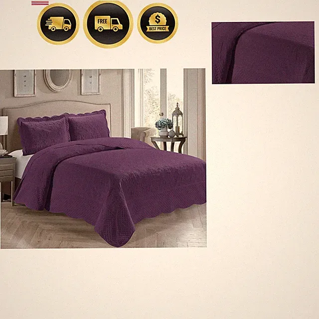 3 Piece King/California King Over Size Embossed Solid Purple Color Coverlet B...