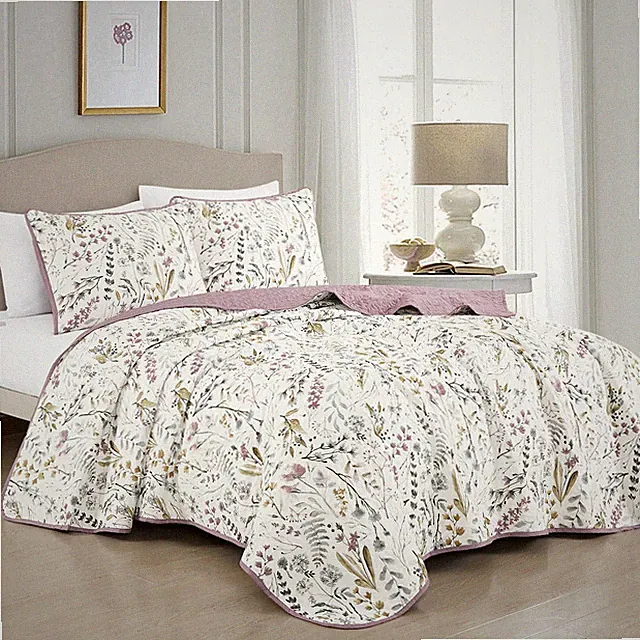 3PCS Soft Floral Printed Quilt Coverlet Set with 2PC Pillow Shams