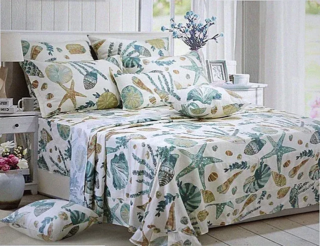 6 Pc Fadfay King Coverlet Sheet Set & Shams. Shell Beach Nautical Cotton
