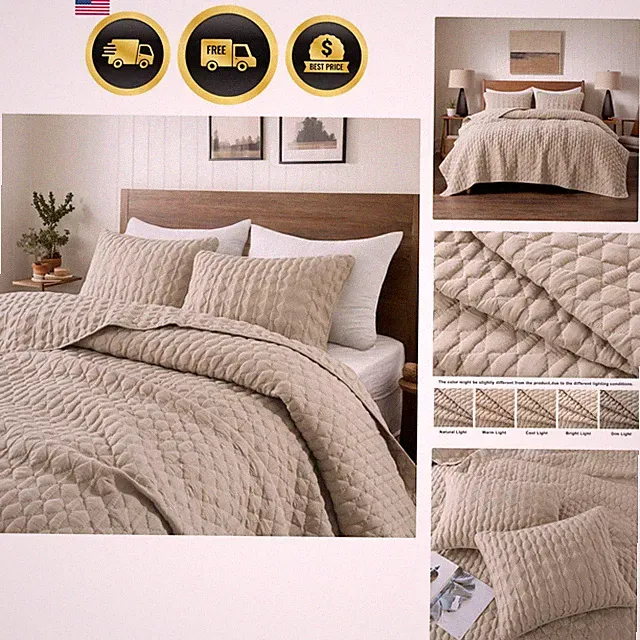 Beige Quilt King Size Bedding Sets with Pillow Shams, Lightweight Soft Bedspr...