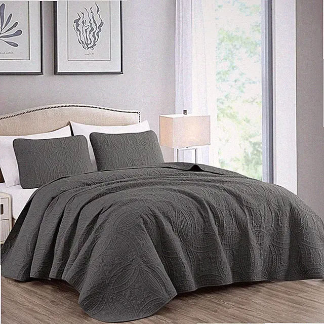 Chezmoi Collection Austin 3-Piece Oversized Bedspread Coverlet King, Charcoal