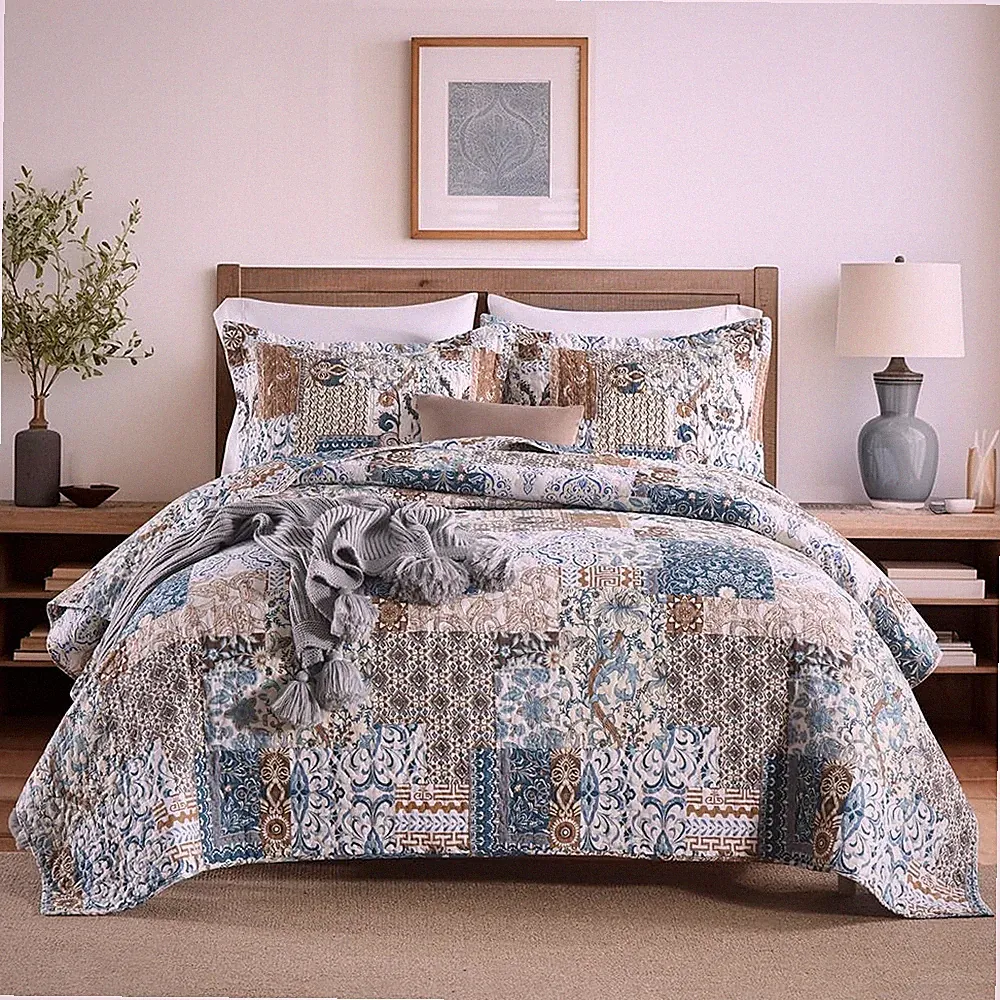 Cotton Bedspread Quilt Bedding Sets Reversible Coverlet Comforters Blue Bohem...