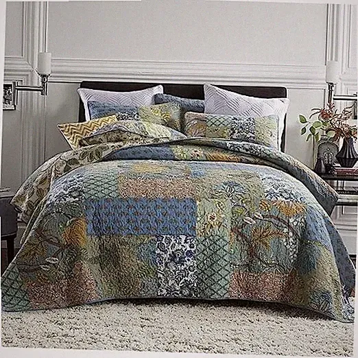 Cotton Bedspread Quilt Sets Reversible Bedding Coverlet King size Green Rustic