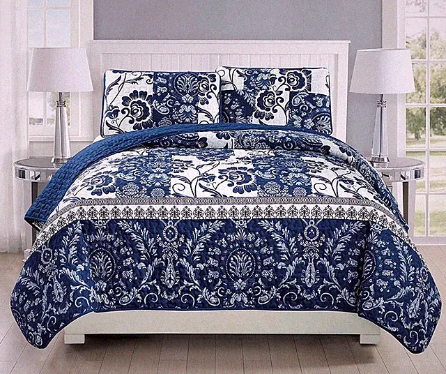 Full/Queen 3Pc Quilted Bedspread Set Oversized Coverlet Floral Navy Blue White N