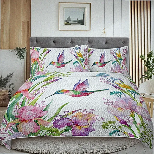 Hummingbird Flower Watercolor Quilt Set 3pc Bedspread Coverlet Bedding