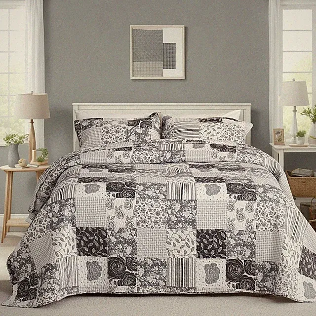 King Quilt Bedding Set Patchwork 100% Cotton Bedspread Coverlet Lightweight Gray