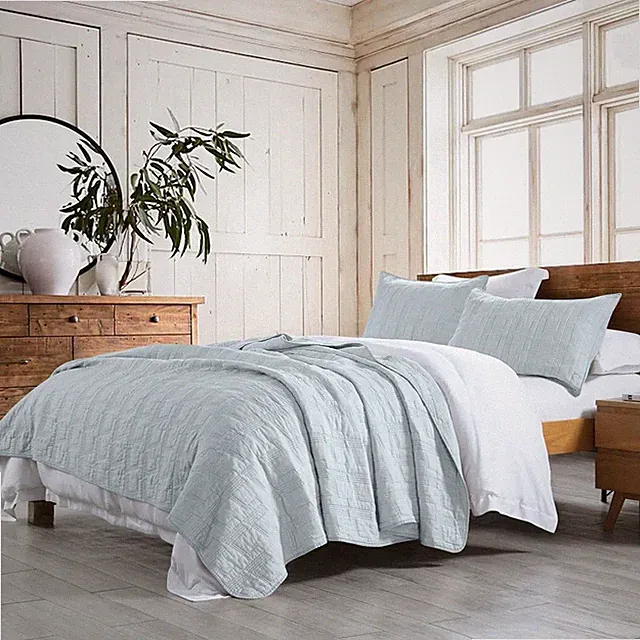 King Size 100% Cotton Quilt Set Baby Blue 3 Piece Lightweight Bedspread Set