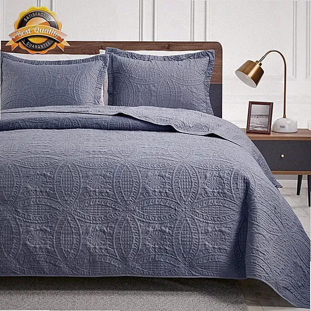 King Size Quilt Set Blue Lightweight Bedspread 3 Piece Coin Pattern Coverlet