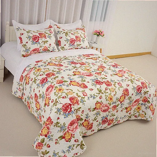 Lightweight Coverlet Set Garden Style Floral Printed Oversized Quilted Bedding