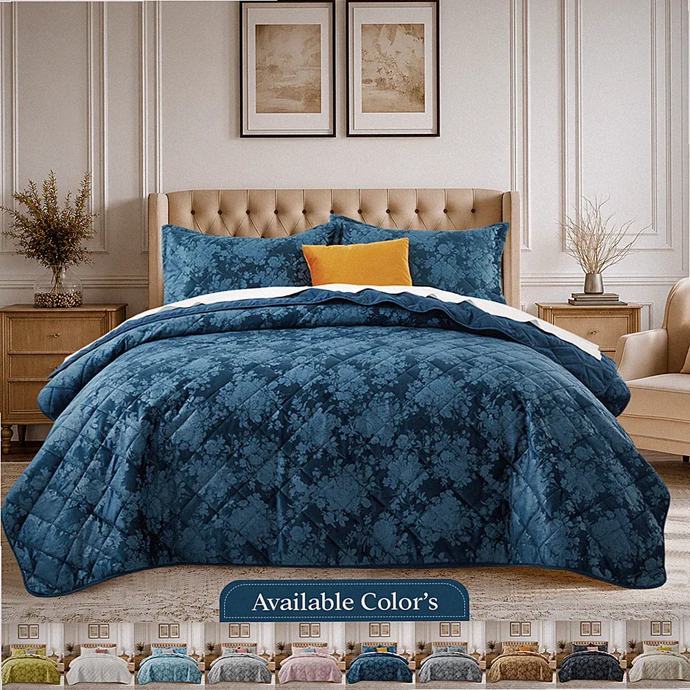 Luxury Velvet Bedspread Reversible Embossed Quilt Throw with Pillow Shams Queen