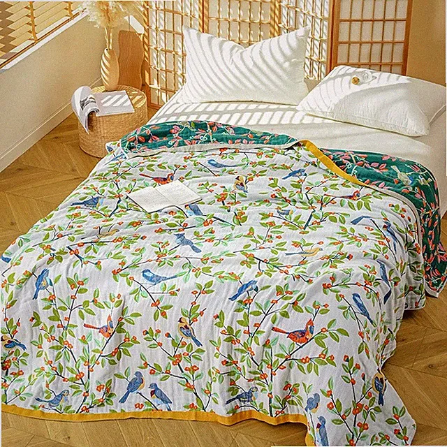 Pure Cotton Blanket 4 Layers Summer Quilt 98"x90" Bed Cover Flat Sheet Flower B