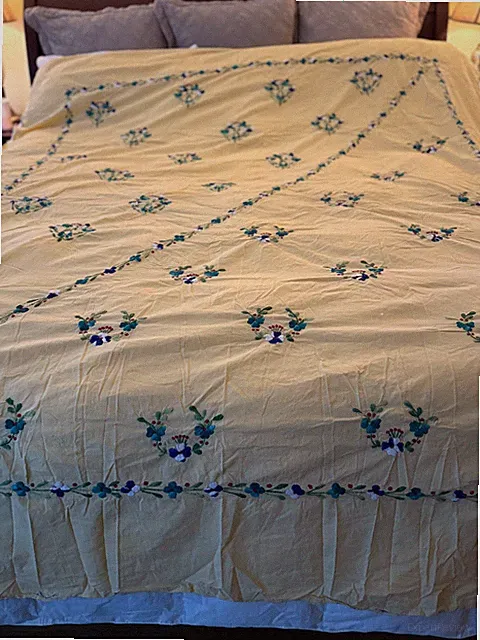 yellow cotton MEXICAN floral embroidered Coverlet Sheet 92 x 82 Full/Queen